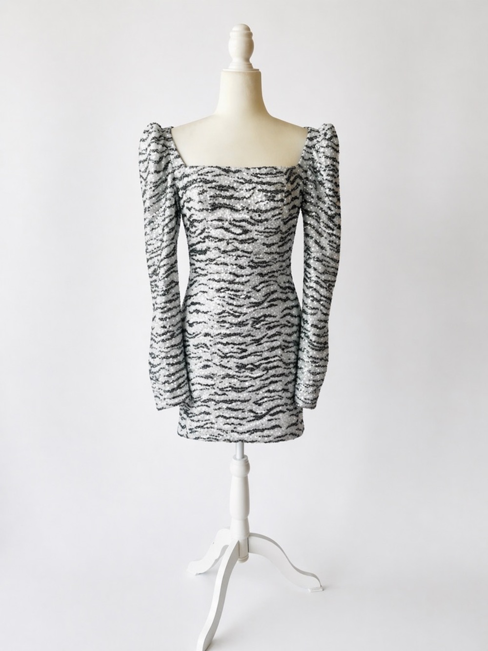 Square Neck Long Sleeve Zebra-Print Mini Dress in Black and White